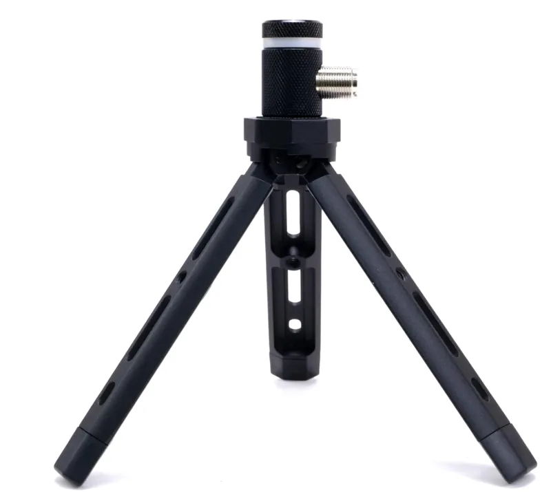 Portable antenna tripod base with aluminum legs and SO-239 connector for mounting whip antennas in the field