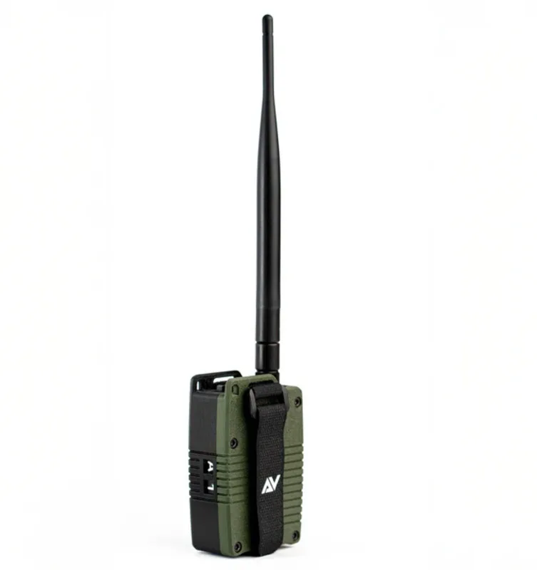 Atlavox portable Meshtastic node in olive green with long antenna and strap