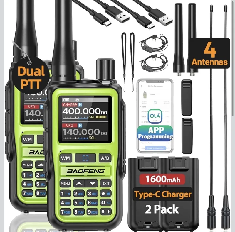 Baofeng dual PTT green handheld radio 2-pack with 4 antennas, batteries, earpieces and app programming