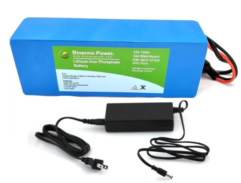 Bioenno Power BLF-1212A 12V 12Ah LiFePO4 lithium iron phosphate battery, blue PVC pack with included AC charger