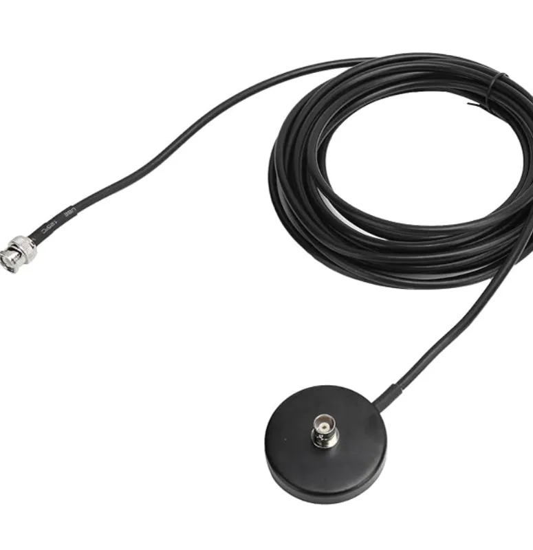 BNC magnetic mount antenna base with black round magnetic puck and long coax cable with BNC connector