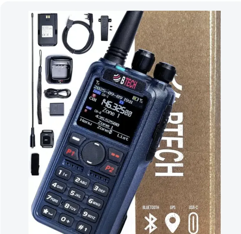 BTech DA-7X2 DMR digital handheld radio with full accessory kit, battery, programming cable, antenna, charger, and PTT