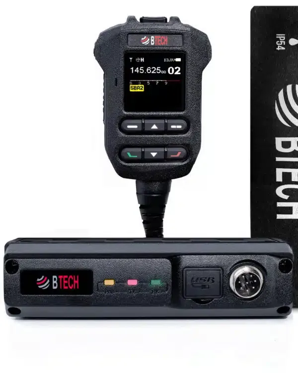BTech UV-50 Pro dual band mobile radio with color screen microphone and IP54 rated slim radio body