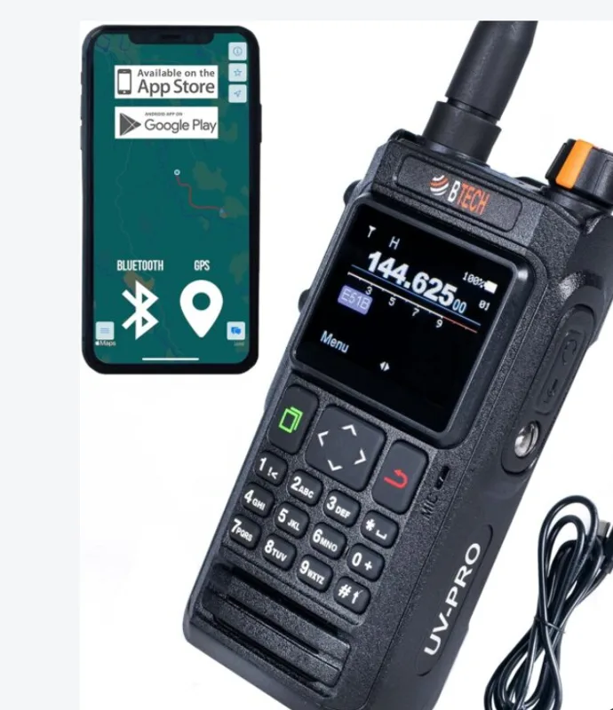 BTech UV-Pro handheld radio with color screen, keypad, and companion phone app showing GPS map