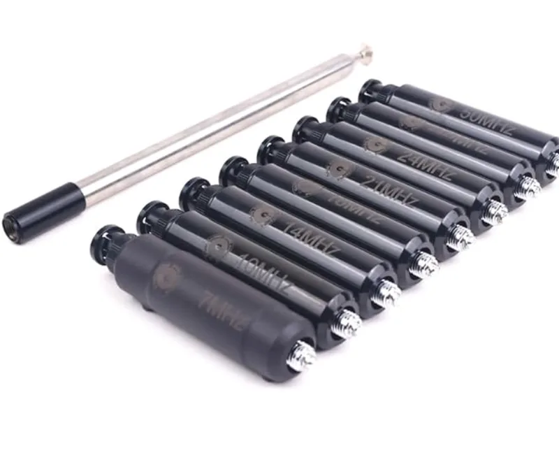 HF band-specific loading coil set for portable whip antennas covering 7, 10, 14, 21, 24, and 50 MHz with telescoping whip