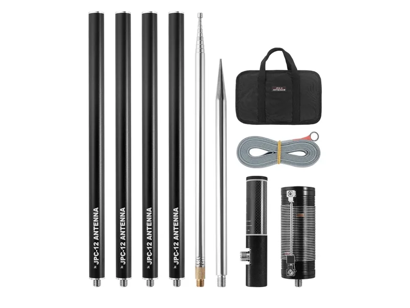 JPC-12 vertical HF antenna kit with poles, whip, loading coil, ground spike and carry bag