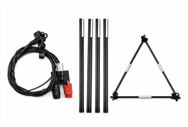 Practical Comms Jungle Antenna System with coax feedline, telescoping mast sections, and triangular support frame