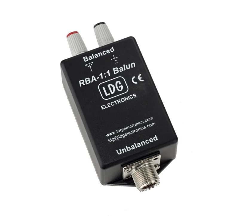 LDG Electronics RBA-1:1 Balun in black enclosure with balanced binding posts and SO-239 coax jack