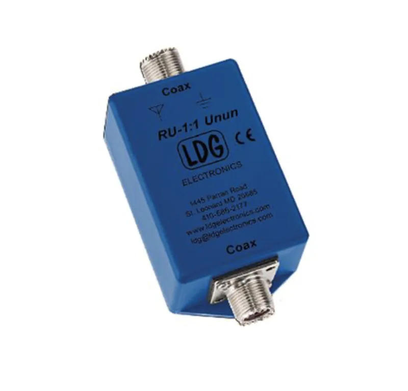 LDG Electronics RU-1:1 Unun line isolator in blue enclosure with SO-239 coax jacks on both ends