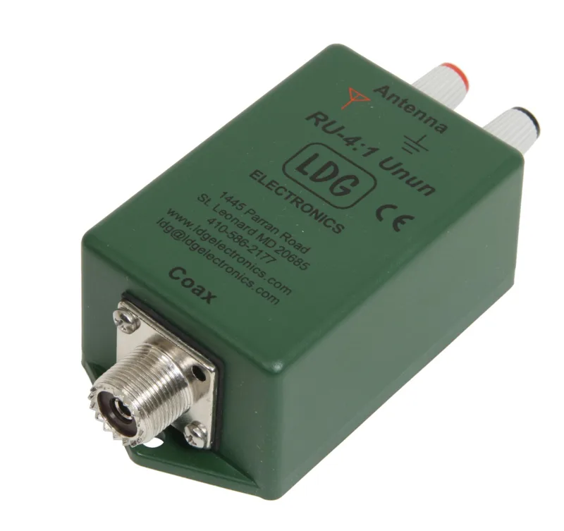 LDG Electronics RU-4:1 Unun impedance transformer in green enclosure with SO-239 coax jack and antenna binding posts