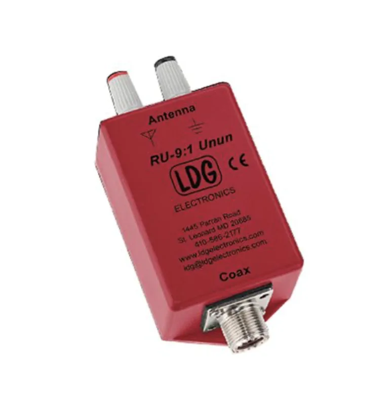 LDG Electronics RU-9:1 Unun impedance transformer in red enclosure with SO-239 coax jack and antenna binding posts