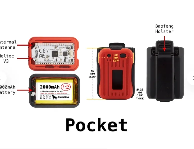 MakerNova Heltec V3 Complete Meshtastic Node in red Pocket case with Baofeng holster clip, internal antenna and 2000mAh battery