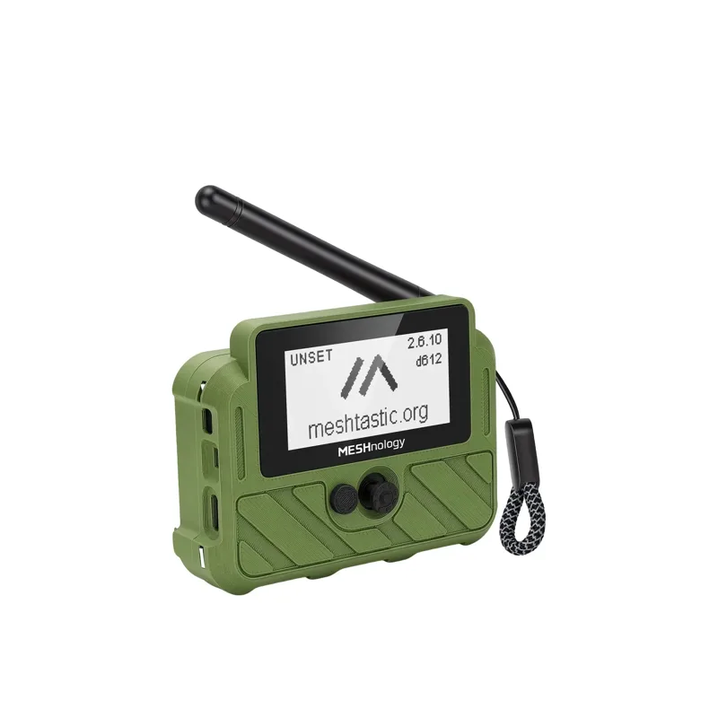 Meshnology N37E E-Ink Meshtastic GPS tracker in green rugged case with antenna