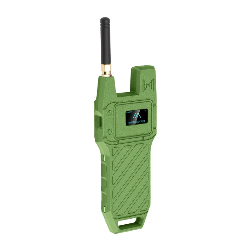 Meshnology N39 WiFi LoRa 32 V4 handheld Meshtastic node in green rugged case with antenna and OLED screen