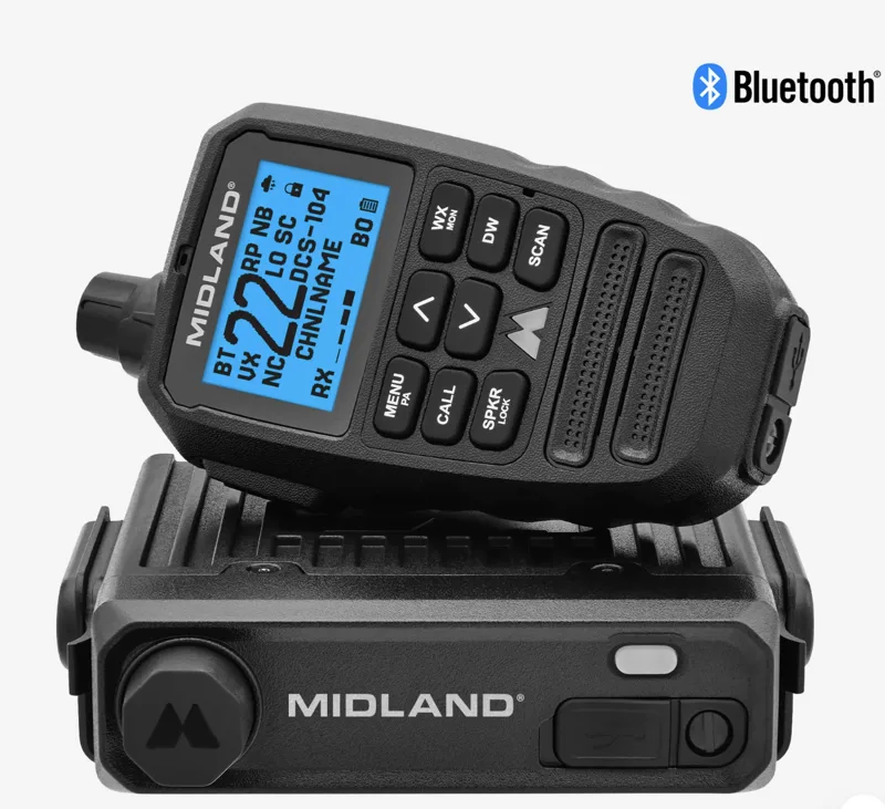 Midland micro mobile GMRS radio with Bluetooth handheld mic showing color LCD screen and compact black radio body