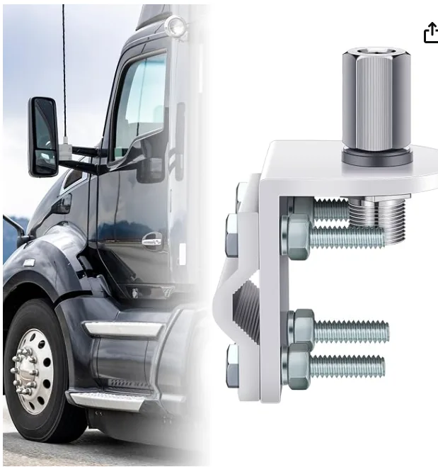 Stainless steel mirror mount bracket with 3/8-24 stud for antenna mounting on truck mirror arm
