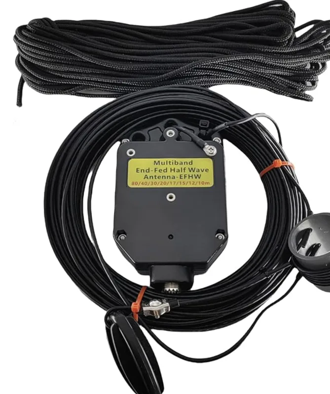 Multiband End-Fed Half Wave EFHW antenna covering 80 40 30 20 17 15 12 and 10 meters with 9:1 matchbox, winder, and paracord throw line