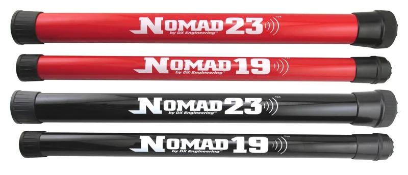 DX Engineering Nomad 19 and Nomad 23 telescoping portable masts in red and black