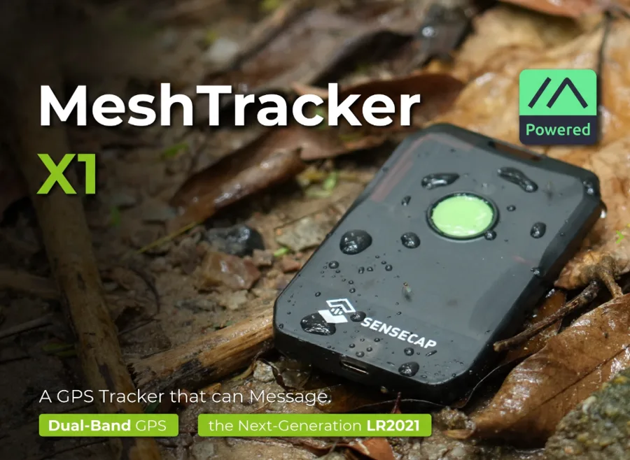SenseCAP MeshTracker X1 rugged Meshtastic GPS tracker with green button, water-resistant, sitting on forest ground