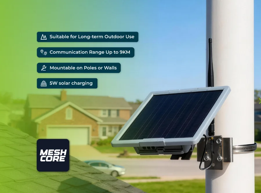 Seeed SenseCAP Solar Node P1 Pro for Meshcore mounted on a pole with 5W solar panel and antenna