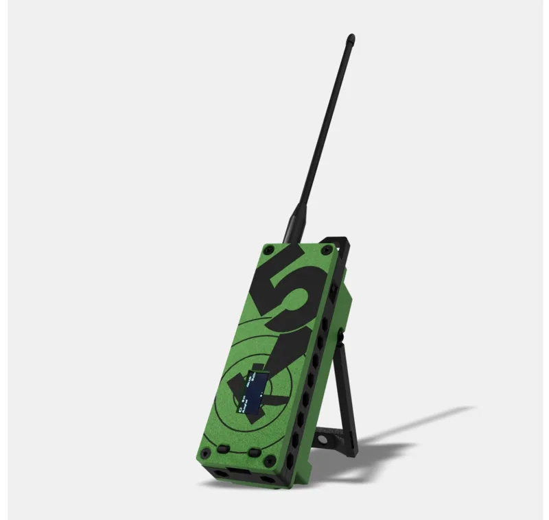 Spec5 Trekker Kilo Meshtastic node in green with kickstand and antenna