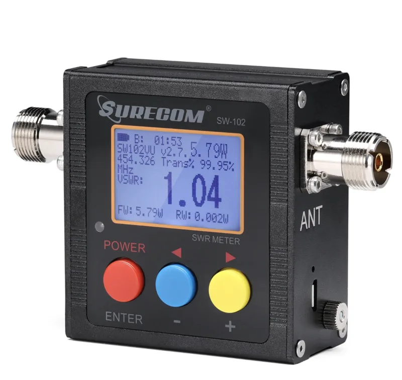 Surecom SW-102 digital SWR power meter for VHF UHF ham radio with color buttons and LCD display